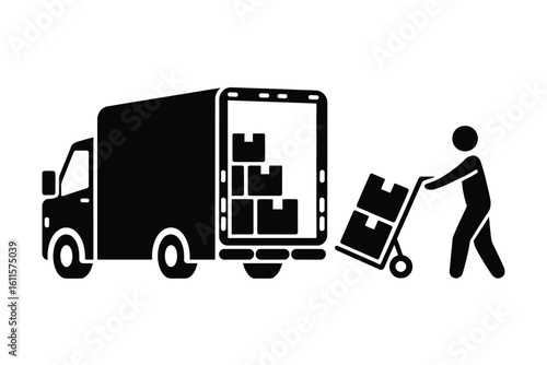 Delivery person loading boxes into a truck using a hand truck