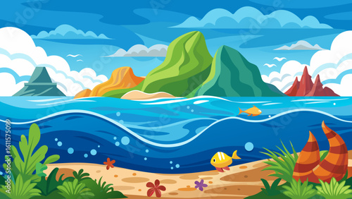 Vector art of a beautiful ocean vista featuring underwater life, colorful fish, sandy beaches, and majestic green mountains under a blue sky