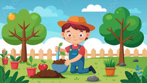 Vector art of a young boy wearing a hat and overalls happily plants a seedling in a garden with trees and flowers