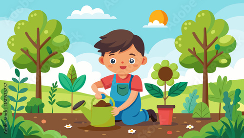 Vector art of a cheerful boy in overalls waters a blooming flower in a garden, surrounded by trees and plants