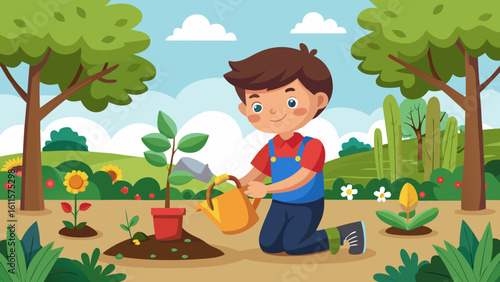 Vector art of a boy in overalls carefully waters a young plant in a garden setting with trees and blooming flowers