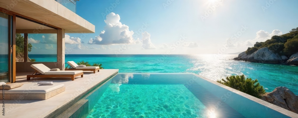 Fototapeta premium Sun-drenched private villa with infinity pool overlooking a turquoise ocean; ultimate luxury escape Enjoy breathtaking views and unparalleled relaxation , tranquil, dream vacation, travel