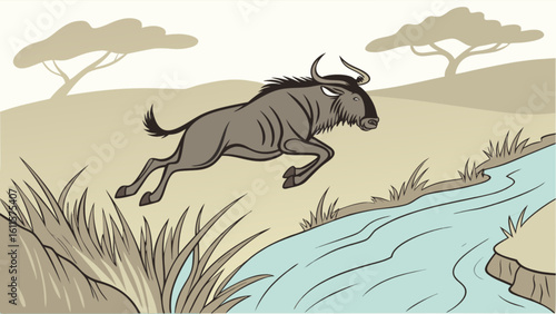 Cartoon wildebeest jumping over a river in a savanna landscape with trees and tall grass shown