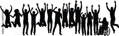 Inclusive celebration silhouette with diverse people, joyful jumping pose, unity in diversity, wheelchair user, happiness, vector illustration, community artwork