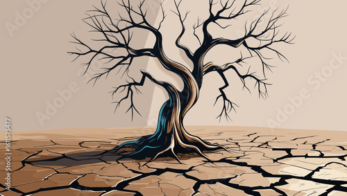 Artistic illustration of a barren tree on cracked earth conveying themes of drought and resilience