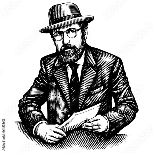 Bearded gentleman in a suit and hat in a serious mood reviewing documents at a desk