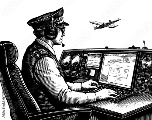 Focused air traffic controller with a headset monitoring an airplane's approach on a computer in a mid-century engraving style