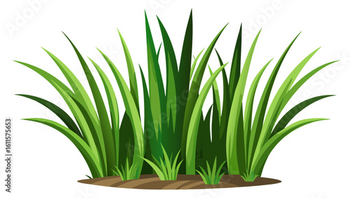 Vector art of a lush clump of vibrant green grass with small brown soil patches, isolated on a clean white background for design elements