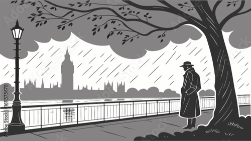 A rainy day in london with a man in a coat standing by the river thames and big ben in the background