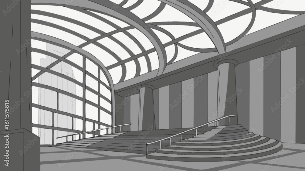 Obraz premium Illustration of a building interior with stairs and a glass ceiling in grayscale design style