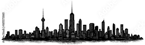 City skyline illustration in a linocut style in black and white representing a dense urban landscape