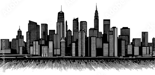 New York City skyline in a cross-hatch woodcut style in black and white with a textured water foreground.