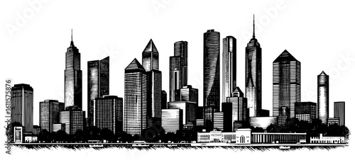 Cityscape in a woodcut style in black and white showing a waterfront view of skyscrapers