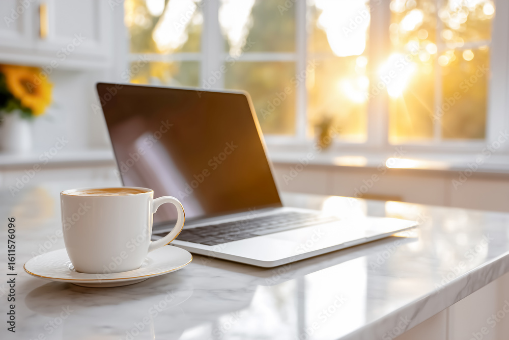 Laptop rests on kitchen counter with coffee mug beside it, bathed in warm morning sunlight. Cozy home environment with inviting atmosphere. Concept of remote work, home office, productivity Laptop rests on kitchen counter with coffee mug beside it, bathed in warm morning sunlight. Cozy home environment with inviting atmosphere. Concept of remote work, home office, productivity