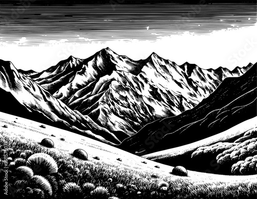 Stylized mountain range in a black and white woodcut style representing adventure and the great outdoors