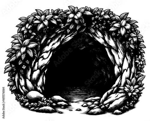 Jungle cave entrance in a classical woodcut style, black and white