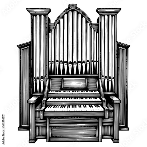 Pipe organ in a woodcut illustration style, black and white, representing classical music