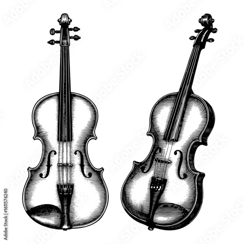 Violins in engraved style in black and white representing classical music and orchestra