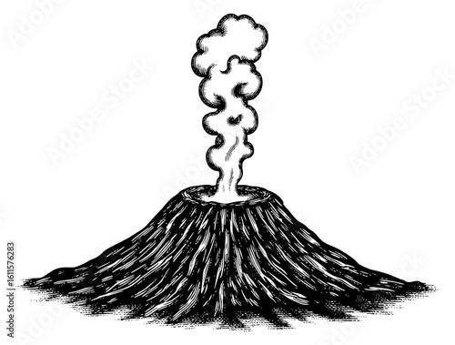 Erupting volcano in woodcut style in black and white