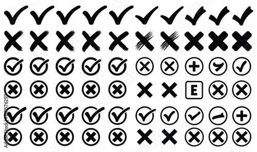 Vector art of a set of handdrawn black check marks and crosses isolated on white background represents validation and rejection