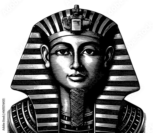 Egyptian pharaoh bust in a nemes headdress with a regal expression representing ancient history