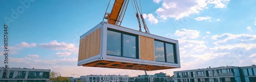 A modular home section is lifted by a crane over a residential area under a clear blue sky with scattered clouds.