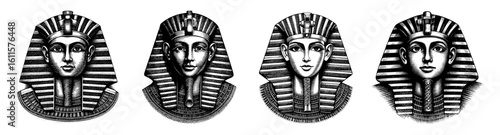 Ancient pharaohs regal portraits, historical black and white woodcut style