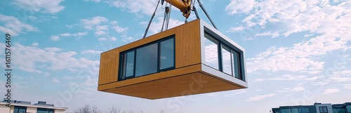 A modern modular home unit is lifted by a crane against a blue sky during construction or installation.