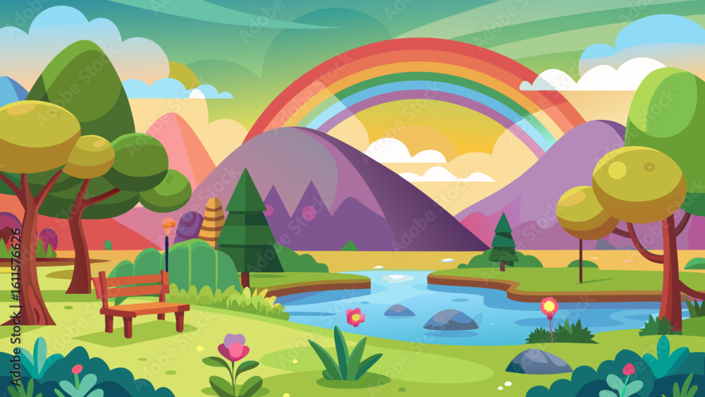Obraz premium Vector art of a vibrant cartoon landscape unfolds with a majestic rainbow arching over rolling hills and mountains, a serene river flowing through a lush green park with a wooden bench