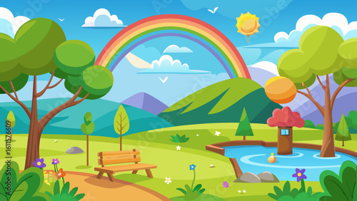 Vector art of a cheerful cartoon landscape features a bright rainbow over green hills, a flowing river, and a whimsical playhouse by the water