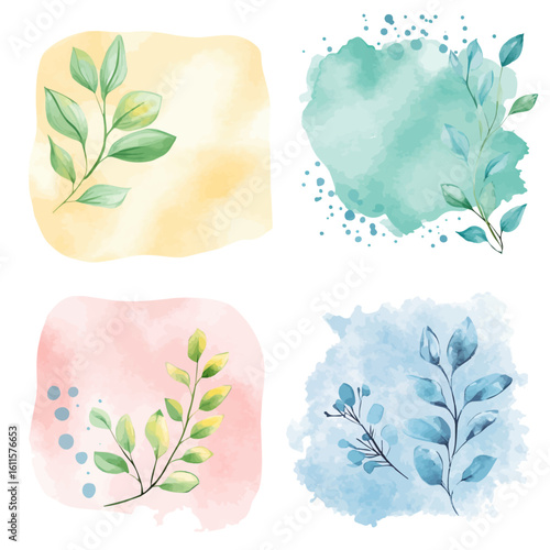 Watercolor hand-painted pastel watercolor-like frames and banner painting illustration isolated on a white background, stinging nettle leaf illustration, AI painting design