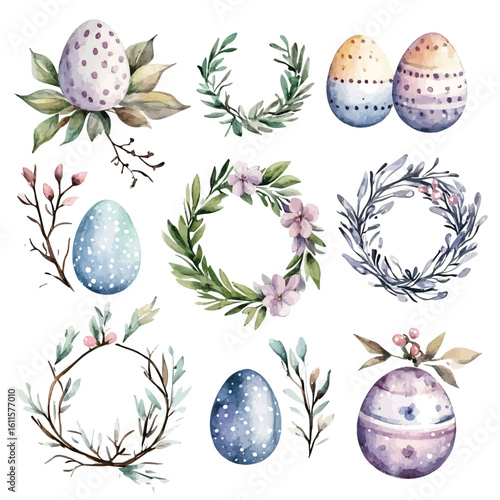 Watercolor hand-painted collection with Easter eggs floral wreaths painting illustration isolated on a white background, stinging nettle leaf illustration, AI painting design