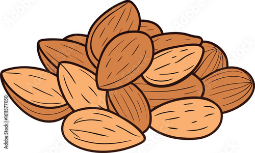 Pile of brown almonds with black outlines nuts food