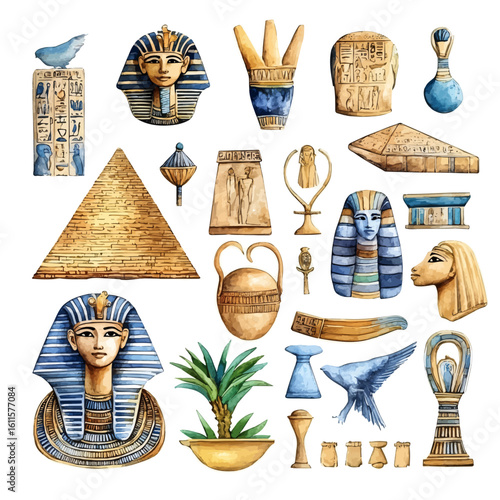Watercolor hand-painted collection with Egyptian symbols, pyramids painting illustration isolated on a white background, stinging nettle leaf illustration, AI painting design