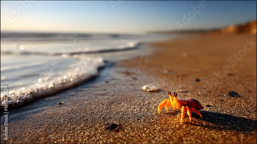 Orange crab on a sandy beach at the ocean's edge.