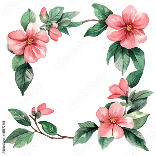 Watercolor hand-painted spring foliage frame with camellia leaves painting illustration isolated on a white background, stinging nettle leaf illustration, AI painting design