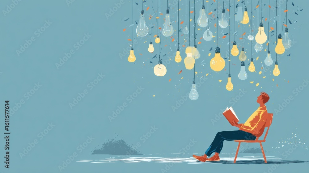 Fototapeta premium Reading a Book While Ideas Illuminate the Mind in a Calm, Clean Setting