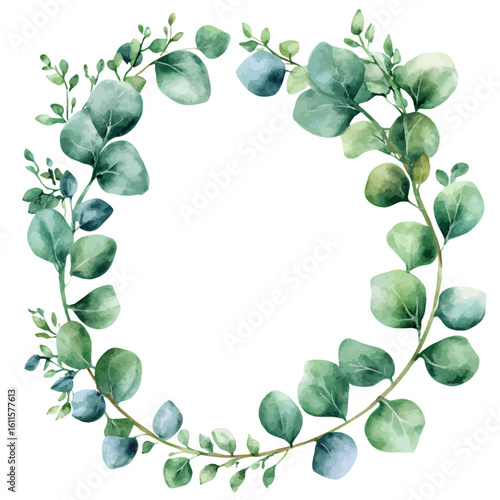 Watercolor hand-painted spring foliage frame with eucalyptus leaves painting illustration isolated on a white background, stinging nettle leaf illustration, AI painting design