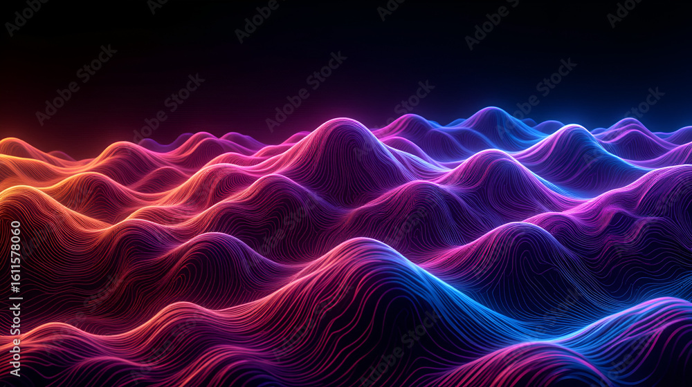 Obraz premium Abstract light pattern Vector illustration. Topographic map background concept. Vibrant neon lights pulsating patterns. Colorful topography contour lines isolated on black background.