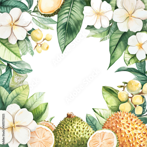 Watercolor hand-painted tropical floral and fruit frame with garden painting illustration isolated on a white background, stinging nettle leaf illustration, AI painting design