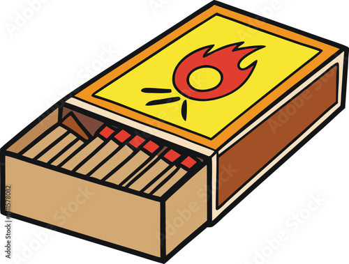 Open matchbox with red tipped matches and flame symbol fire ignition