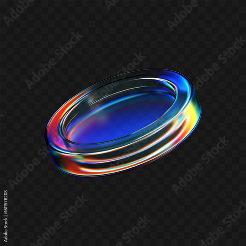 3D transparent glass coin icon with holographic and iridescent effects. Flying crystal token for digital currency, casino chip, reward medal. Ideal for modern tech visual. 3D vector illustration