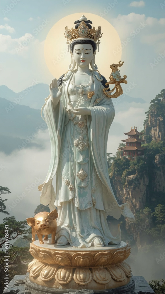 Fototapeta premium Guan Yin Bodhisattva Statue in Sacred Chinese Landscape