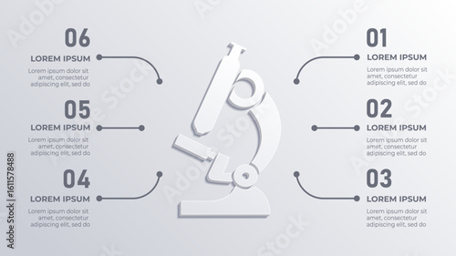 White 3D Microscope Medical Infographic with 6 Step Timeline Flowchart for Surgical Medicine and Biology Lab Equipment Concepts