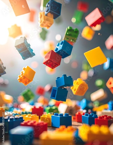 Colorful plastic building blocks in mid-air (1)