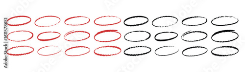 Vector art of a series of handdrawn red and black circles are arranged in rows against a white background, isolated on white background