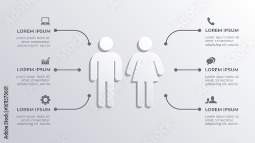 White 3D Man and Woman Sign Medical Infographic with 6 Step Timeline Flowchart for Human Biology, Medicine, and Hospital Use