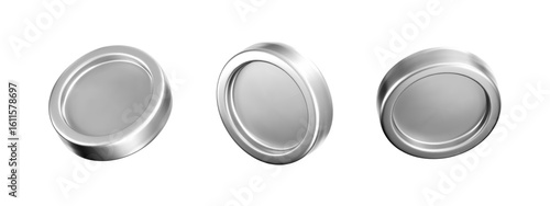 3D silver coin icon set with chrome metallic effect. Render of glossy chrome coins, game token, digital currency icon, casino chips or silver reward medals. Finance UI design. 3D vector illustration
