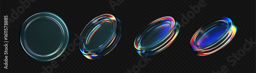 3D transparent glass holographic coin icons isolated on a dark background. Glass coins, digital currency, casino chips for finance dashboard, game interfaces or tech visuals. 3D vector illustration
