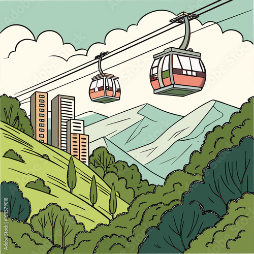 Cable Car Over Mountains – Scenic Aerial Tramway Illustration with City and Forest